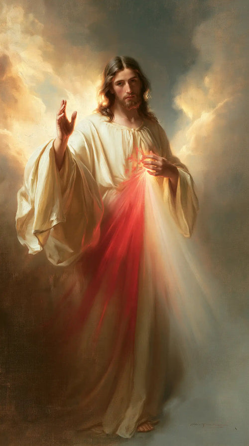 Divine Mercy Jesus appearing upon the clouds in Jesus upon the Clouds style, portrait Christian artwork no. 3