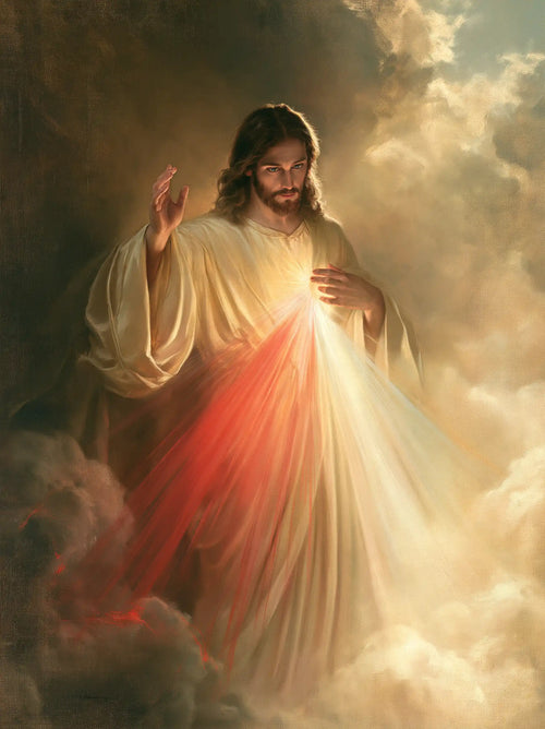 Divine Mercy Jesus appearing upon the clouds in Jesus upon the Clouds style, portrait Christian artwork no. 7