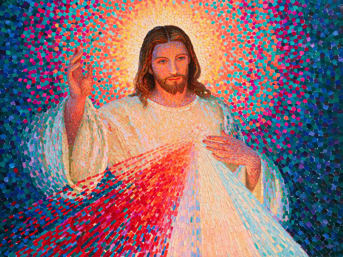 Jesus as Divine Mercy with red and pale rays, pointillist & neo-impressionist landscape Christian artwork