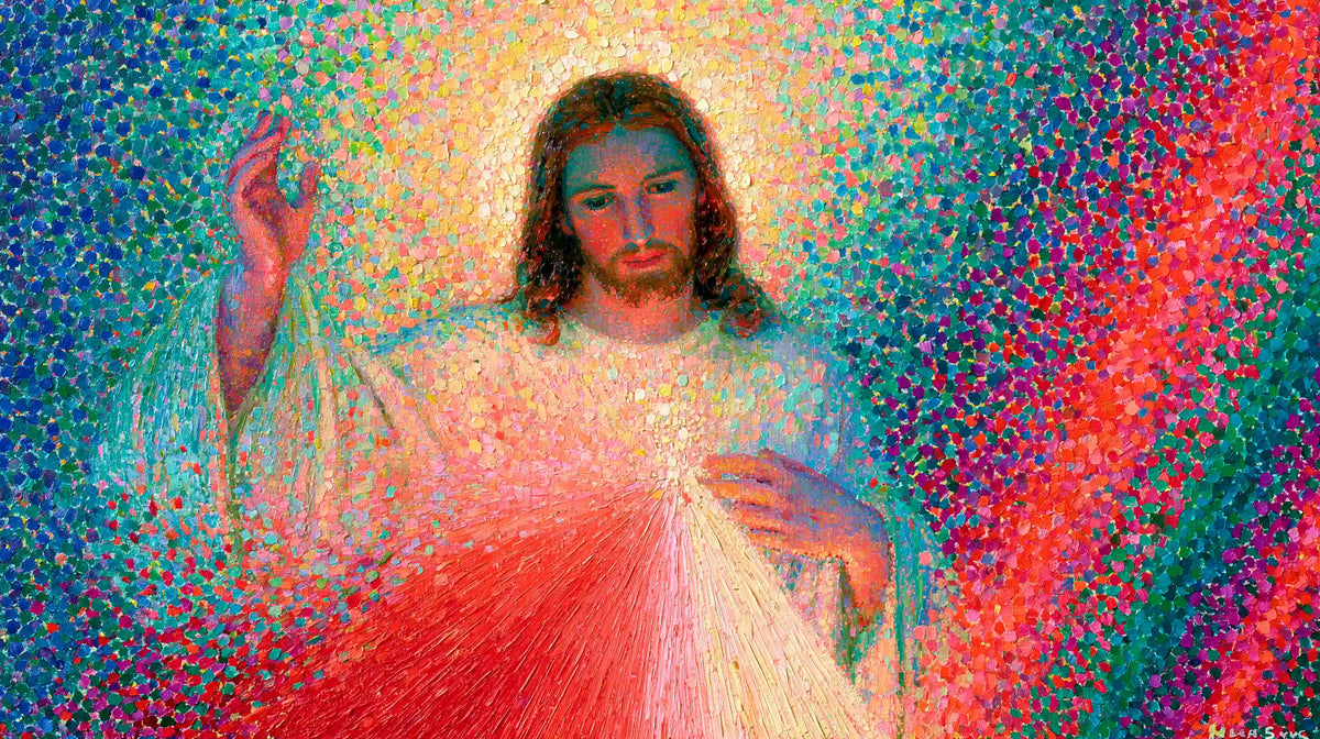 Jesus as Divine Mercy with red and pale rays, pointillist & neo-impressionist landscape Christian artwork