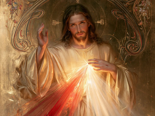 Divine Mercy Jesus framed by sacred Art Nouveau ornament in Sacred Art Nouveau style, landscape Christian artwork no. 3