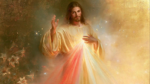 Divine Mercy Jesus in a symbolist composition in Symbolist style, landscape Christian artwork no. 3