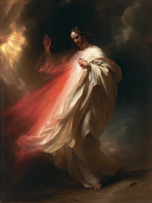 Divine Mercy Jesus in a theatrical Baroque scene in Theatrical Baroque style, portrait Christian artwork no. 7