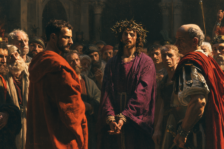 Ecce Homo — Lowered Hands Between Red Cloaks
