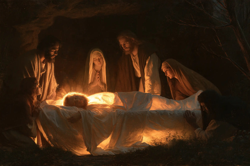 Entombment of Jesus Christ in Divine Light style, landscape Christian artwork no. 9