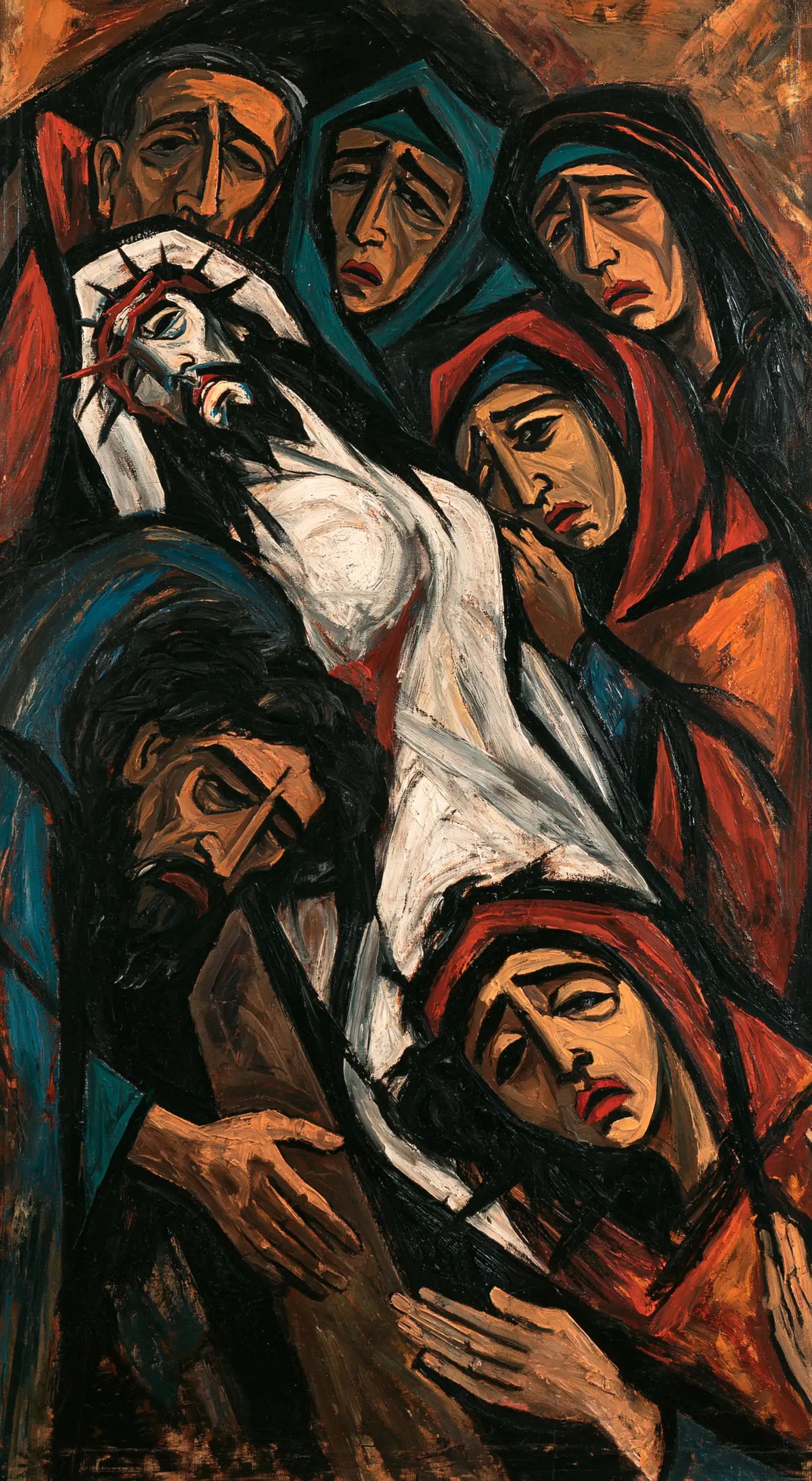 Entombment of Jesus Christ in Expressionist style, portrait Christian artwork no. 4