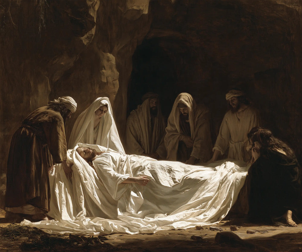 Entombment of Jesus Christ in Sacred Silence style, landscape Christian artwork no. 2