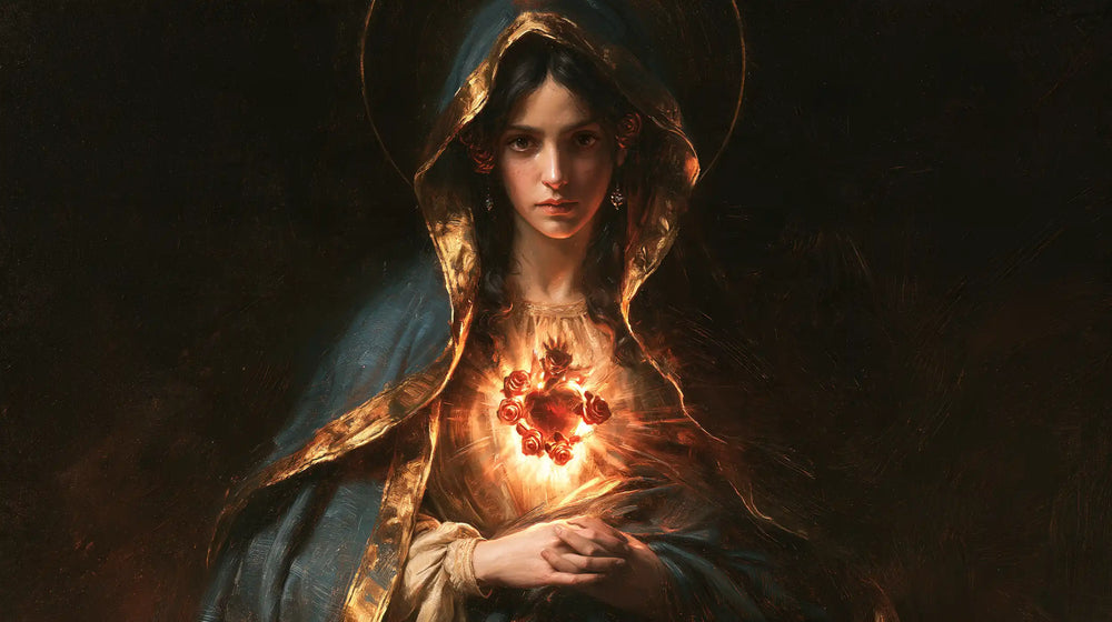 the Immaculate Heart of Mary in black and gold in Black and Gold style, landscape Christian artwork no. 19