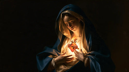 the Immaculate Heart of Mary in dramatic chiaroscuro in Caravaggio Tenebrism style, landscape Christian artwork no. 19