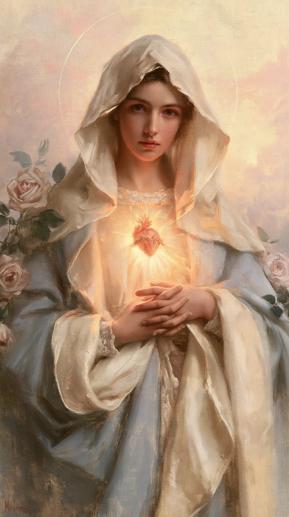 the Immaculate Heart of Mary at dawn in The Immaculate Heart at Dawn style, portrait Christian artwork no. 8