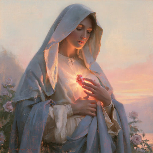 the Immaculate Heart of Mary at dawn in The Immaculate Heart at Dawn style, square Christian artwork no. 10