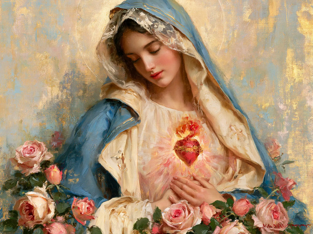 the Immaculate Heart of Mary in an impressionist atmosphere in Impressionist style, landscape Christian artwork no. 7