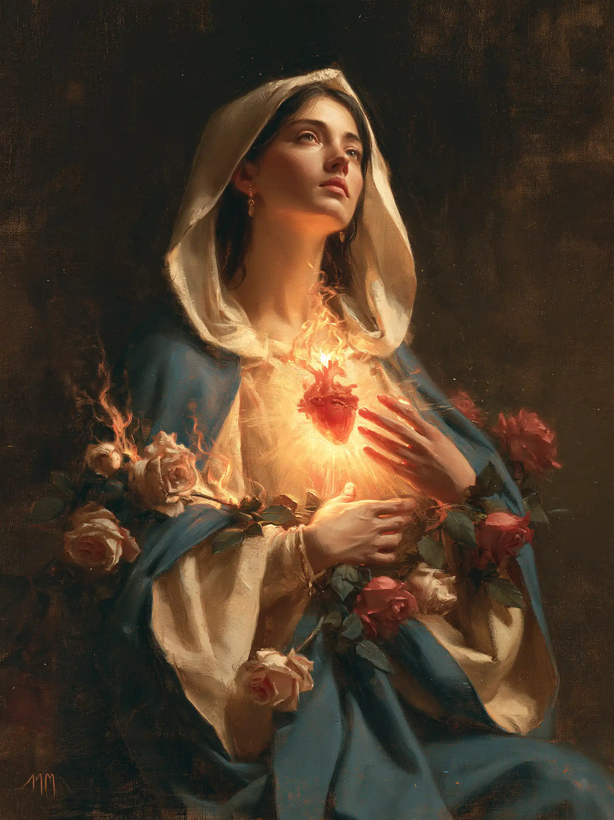 Mary and her Immaculate Heart surrounded by divine light in Mary as Divine Light style, portrait Christian artwork no. 13