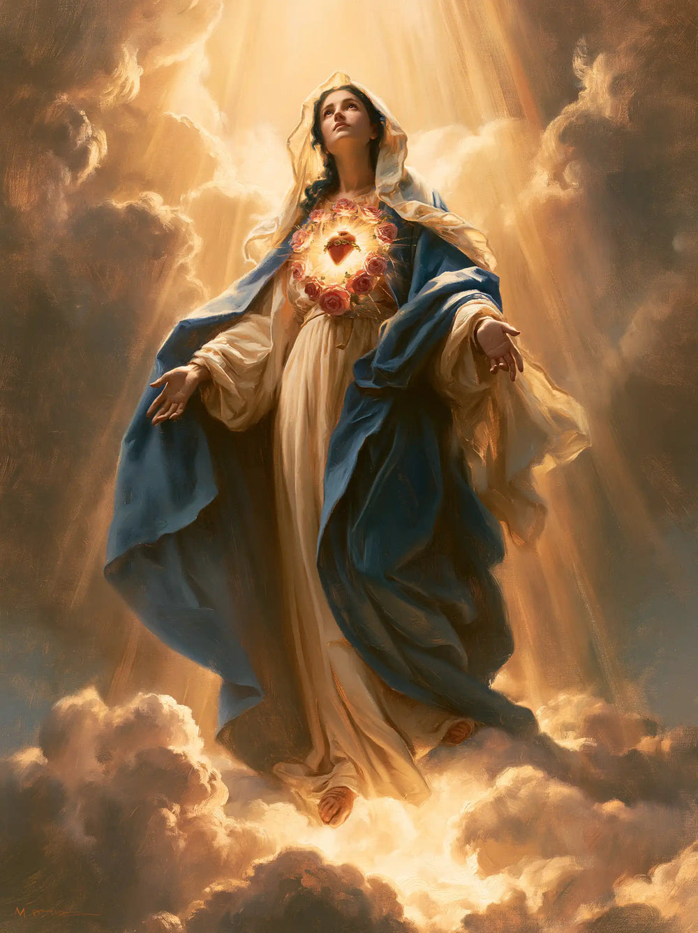 Mary upon the clouds with her Immaculate Heart in Mary upon the Clouds with the Immaculate Heart style, portrait Christian artwork no. 16