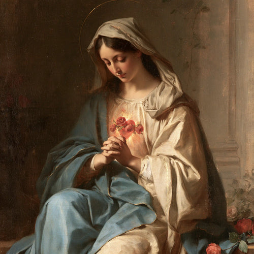 Mary praying with her Immaculate Heart in Mary in Prayer with the Immaculate Heart style, square Christian artwork no. 1