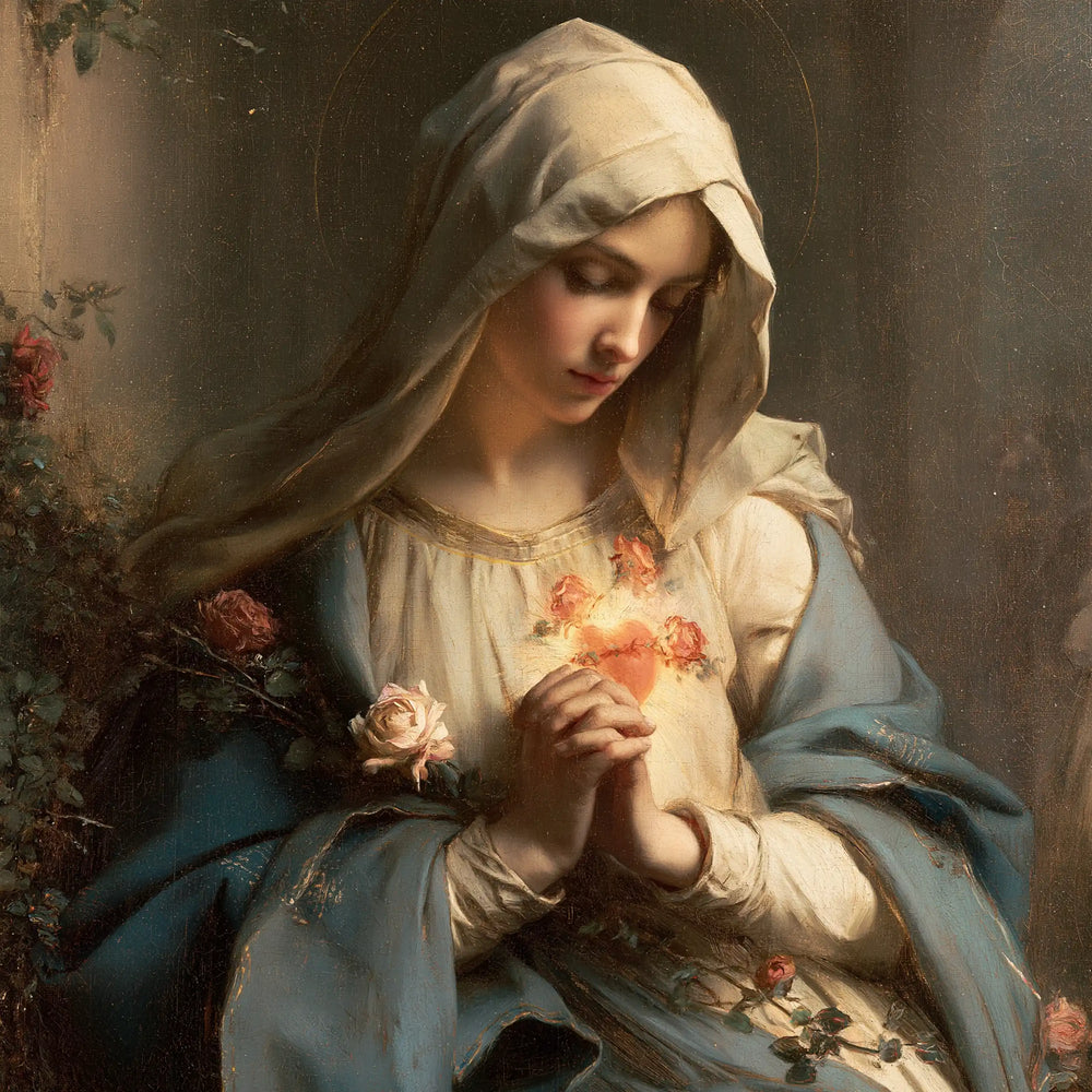 Mary praying with her Immaculate Heart in Mary in Prayer with the Immaculate Heart style, square Christian artwork no. 7