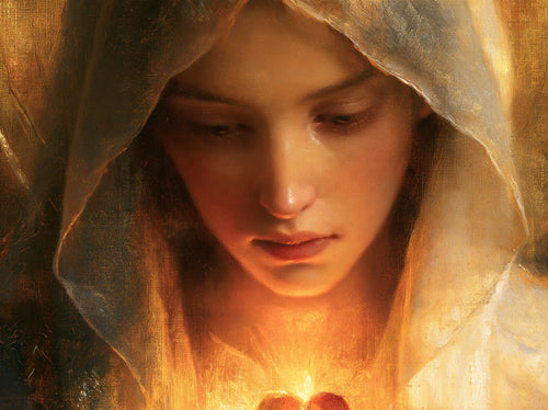 a close portrait of Mary with her Immaculate Heart in Psychological Close-Up style, landscape Christian artwork no. 1