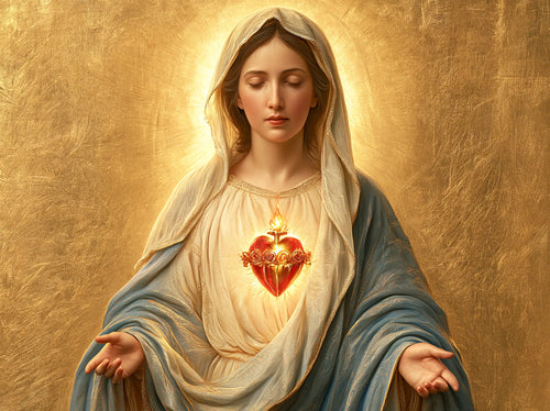 Mary revealing her Immaculate Heart in Sacred Gold style, landscape Christian artwork no. 10