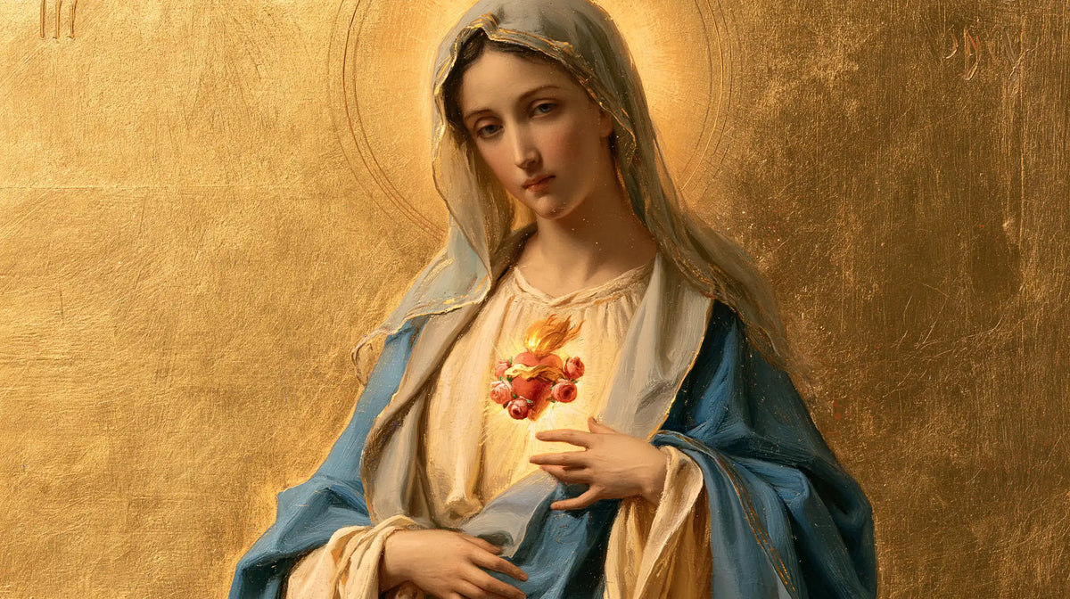 Mary revealing her Immaculate Heart in Sacred Gold style, landscape Christian artwork no. 17