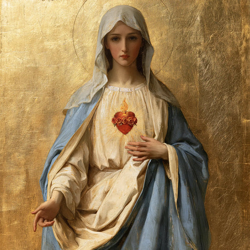 Mary revealing her Immaculate Heart in Sacred Gold style, square Christian artwork no. 11