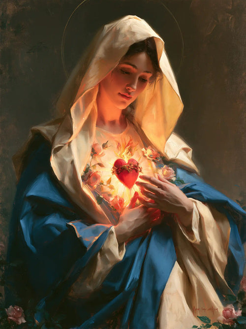 Mary with her Immaculate Heart in sacred maternal tenderness in Sacred Maternal Tenderness style, portrait Christian artwork no. 16