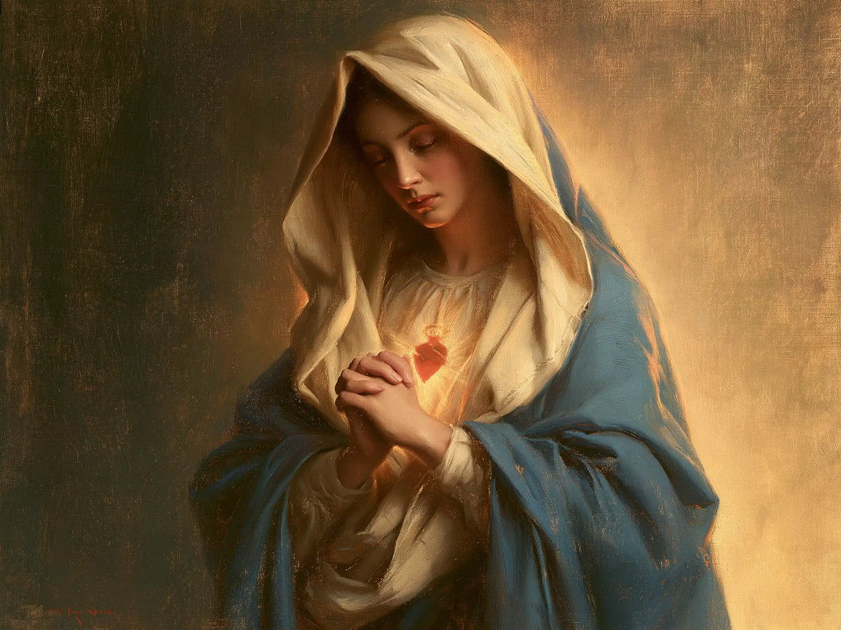 the Immaculate Heart of Mary in devotional silence in The Silence of Devotion style, landscape Christian artwork no. 10