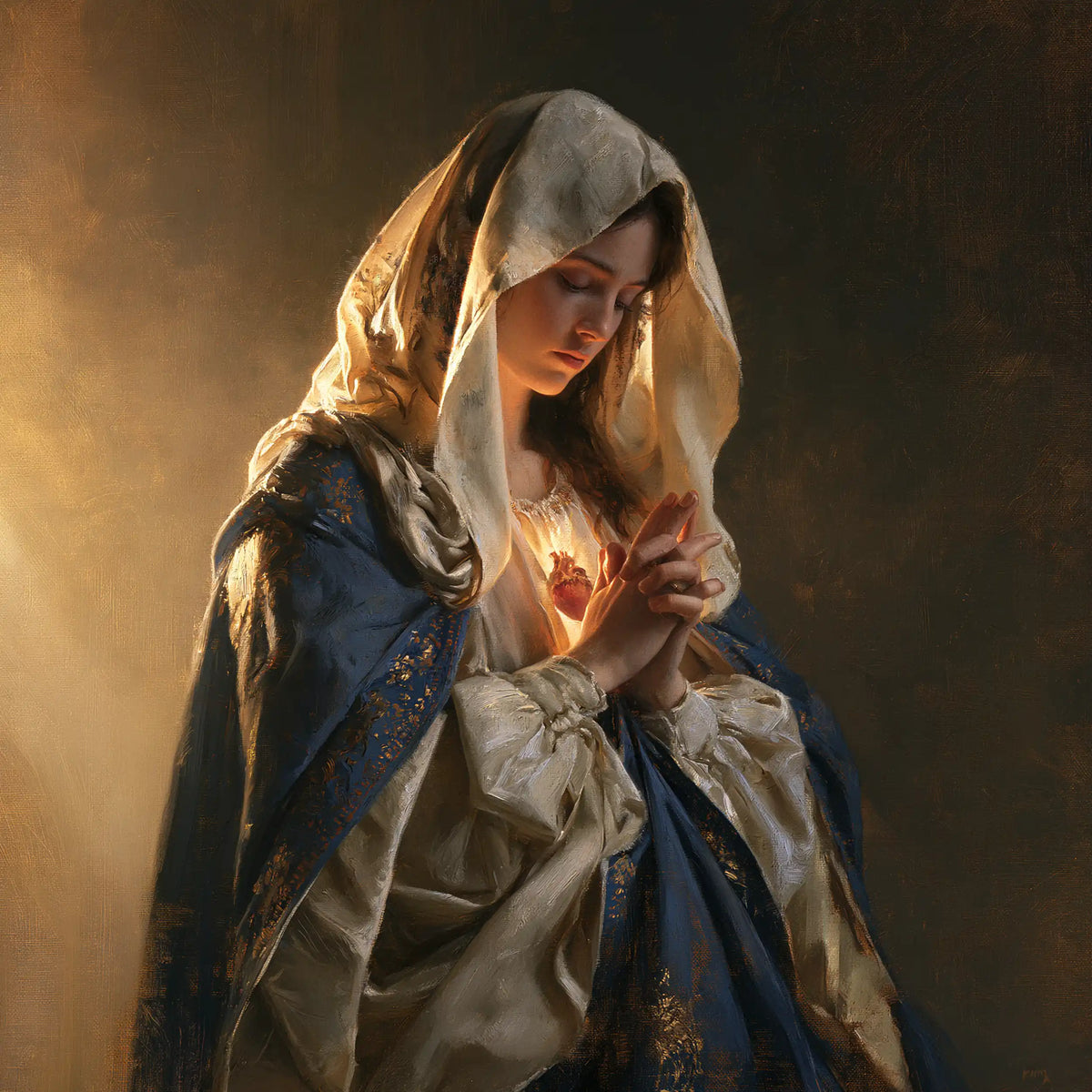 the Immaculate Heart of Mary in devotional silence in The Silence of Devotion style, square Christian artwork no. 1