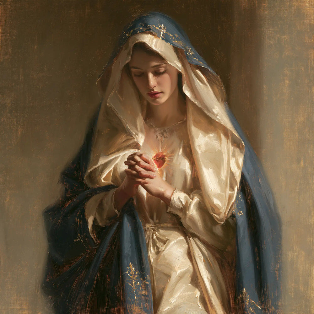 the Immaculate Heart of Mary in devotional silence in The Silence of Devotion style, square Christian artwork no. 10