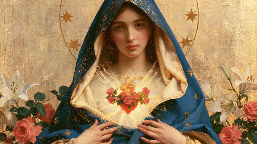the Immaculate Heart of Mary in a symbolist composition in Symbolist style, landscape Christian artwork no. 16