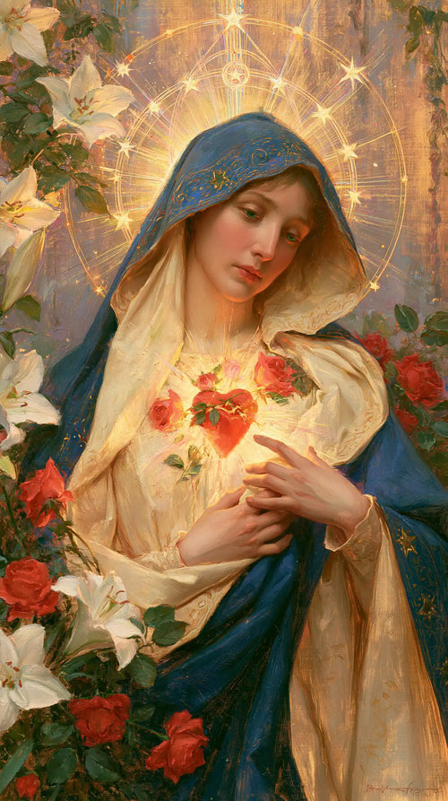 the Immaculate Heart of Mary in a symbolist composition in Symbolist style, portrait Christian artwork no. 3