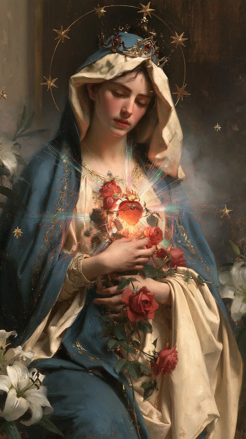 the Immaculate Heart of Mary in a symbolist composition in Symbolist style, portrait Christian artwork no. 5