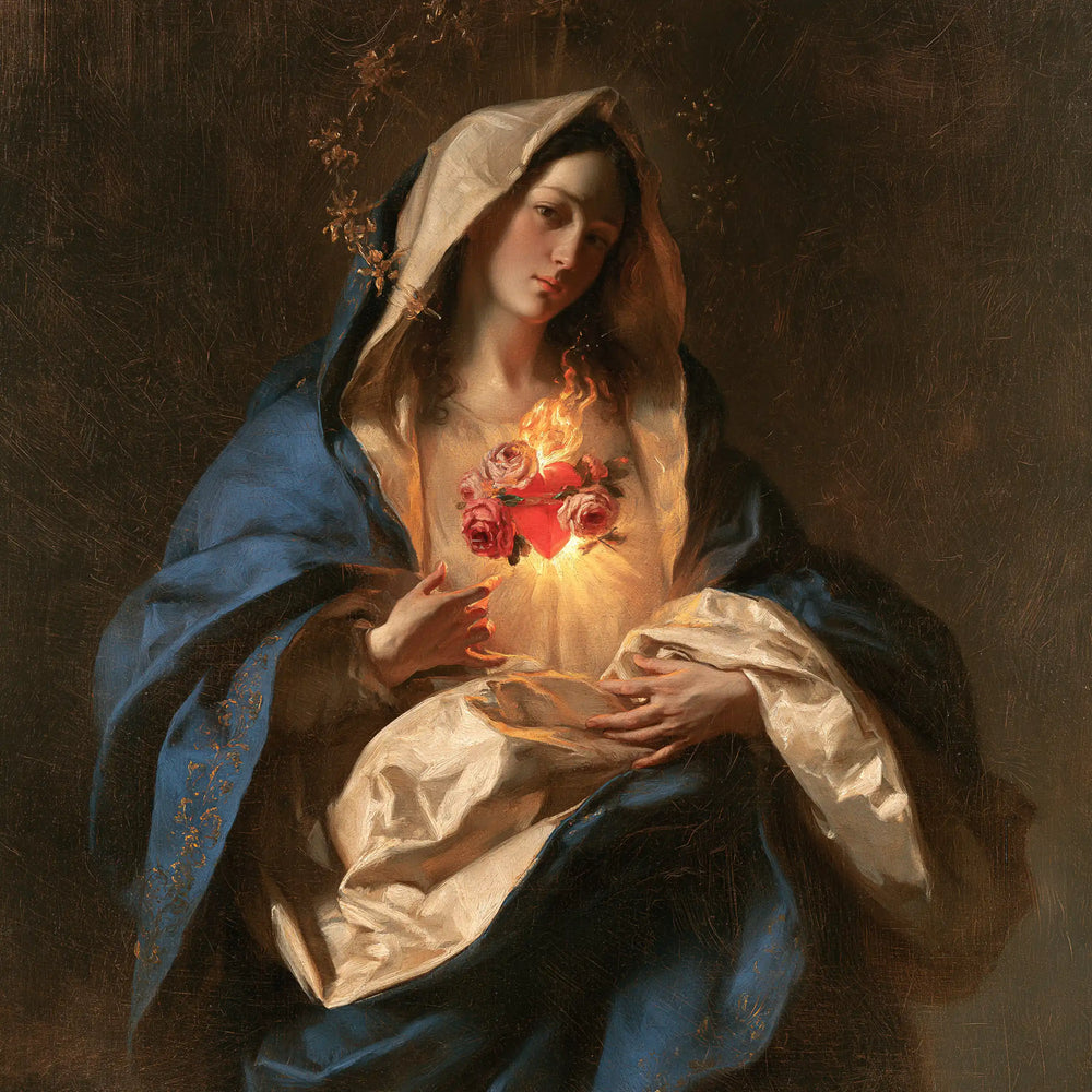 the Immaculate Heart of Mary in a theatrical Baroque scene in Theatrical Baroque style, square Christian artwork no. 5
