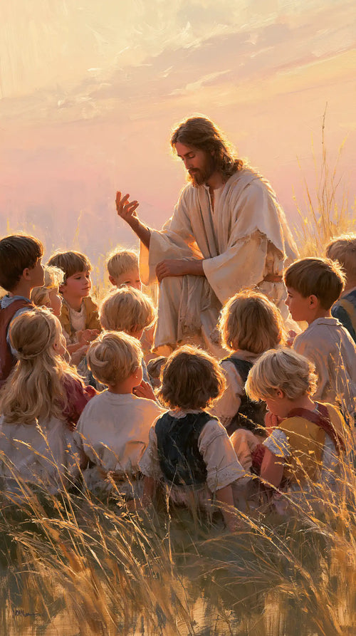 Jesus and the children gathered at dawn in Jesus and the Children at Dawn style, portrait Christian artwork no. 5