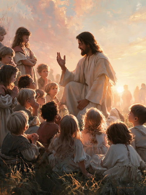 Jesus and the children gathered at dawn in Jesus and the Children at Dawn style, portrait Christian artwork no. 10