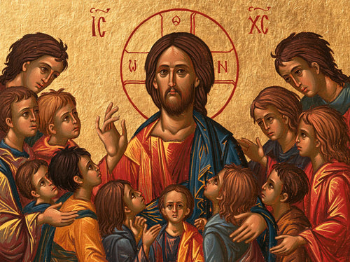 Jesus and the children in a contemporary Byzantine icon in Contemporary Byzantine style, landscape Christian artwork no. 5