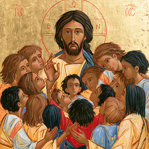 Jesus and the children in a contemporary Byzantine icon in Contemporary Byzantine style, square Christian artwork no. 4