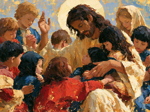Jesus surrounded by children in an expressionist composition in Expressionist style, landscape Christian artwork no. 4