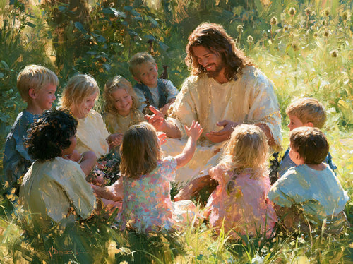 Jesus with children in an impressionist atmosphere in Impressionist style, landscape Christian artwork no. 6