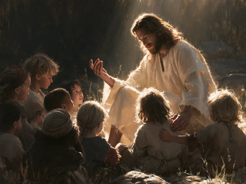 Jesus as divine light among the children in Jesus as Divine Light style, landscape Christian artwork no. 1