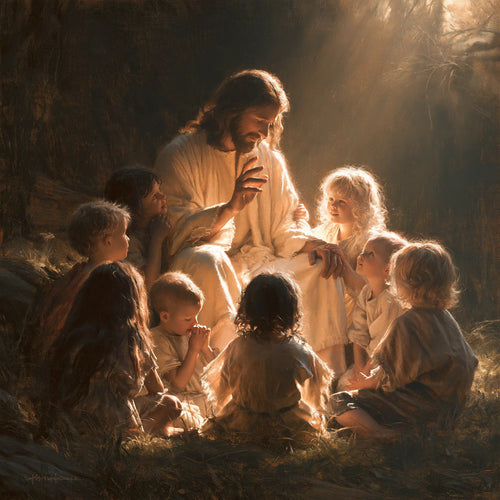 Jesus as divine light among the children in Jesus as Divine Light style, square Christian artwork no. 1