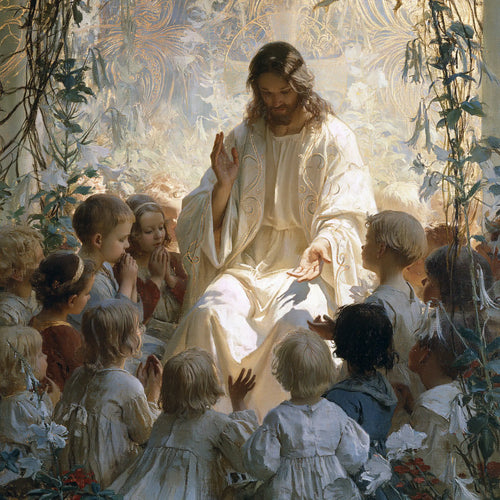Jesus and the children framed by sacred Art Nouveau ornament in Sacred Art Nouveau style, square Christian artwork no. 2
