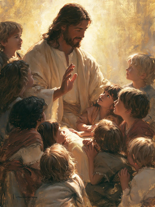 Jesus welcoming children in radiant golden light in Sacred Gold style, portrait Christian artwork no. 9