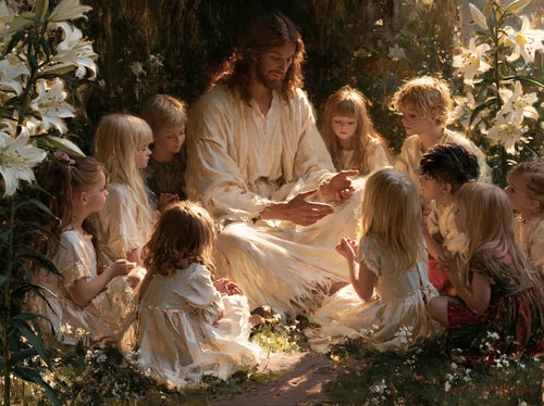 Jesus and the children in a symbolist composition in Symbolist style, landscape Christian artwork no. 11