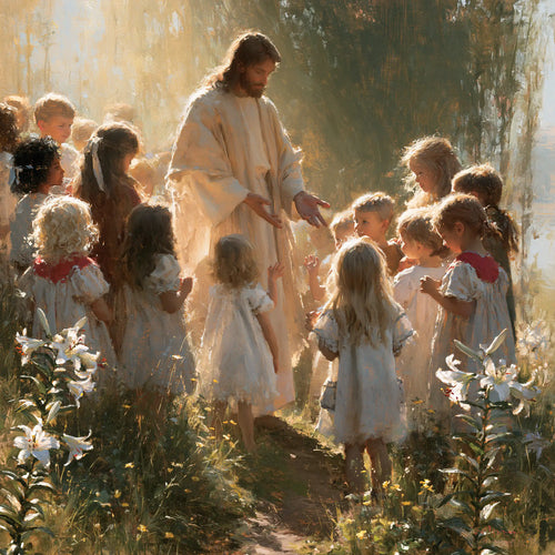 Jesus and the children in a symbolist composition in Symbolist style, square Christian artwork no. 8