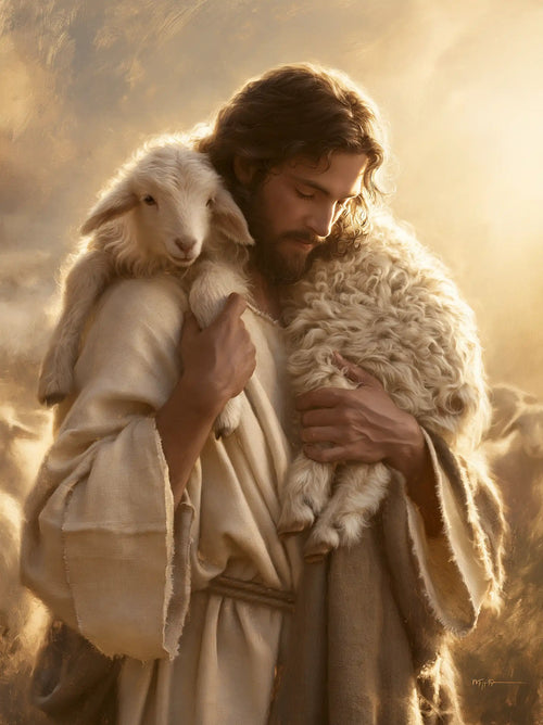 Jesus and the lamb in a cinematic biblical landscape in Biblical Cinema style, portrait Christian artwork no. 8