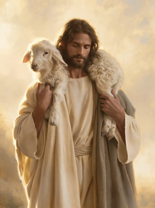 Jesus and the lamb in a cinematic biblical landscape in Biblical Cinema style, portrait Christian artwork no. 12