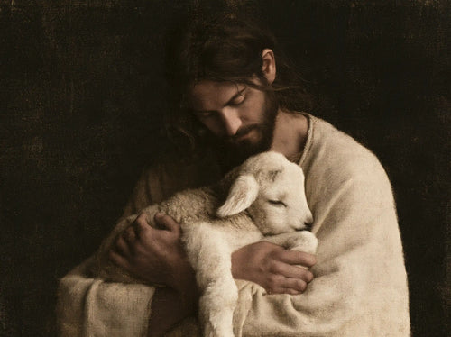 Jesus and the lamb in a minimalist composition in Contemporary Minimalism style, landscape Christian artwork no. 3