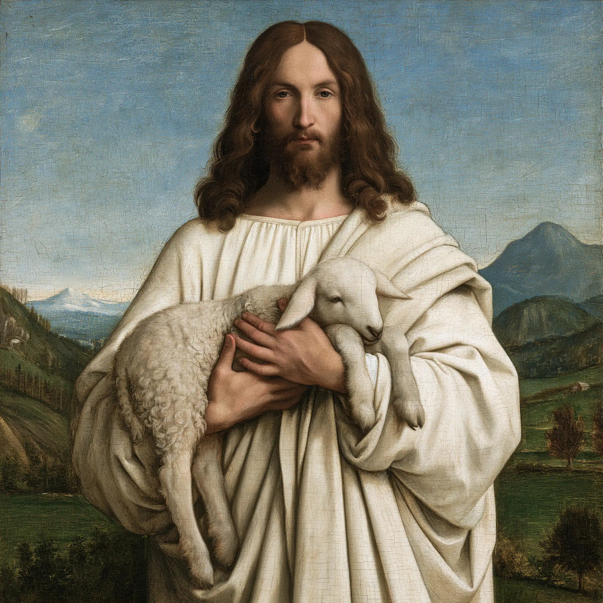 Jesus and the Lamb — The Shepherd in Marble-Like Drapery
