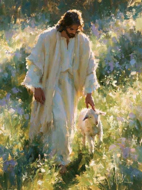 Jesus with a lamb in an impressionist pastoral scene in Impressionist style, portrait Christian artwork no. 10
