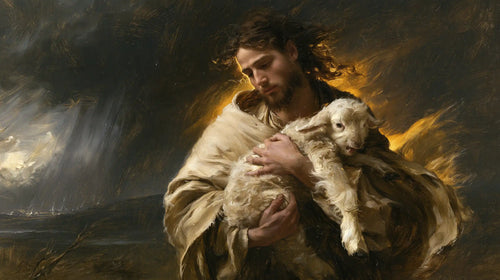 Jesus protecting a lamb in Jesus Protecting the Lamb style, landscape Christian artwork no. 10